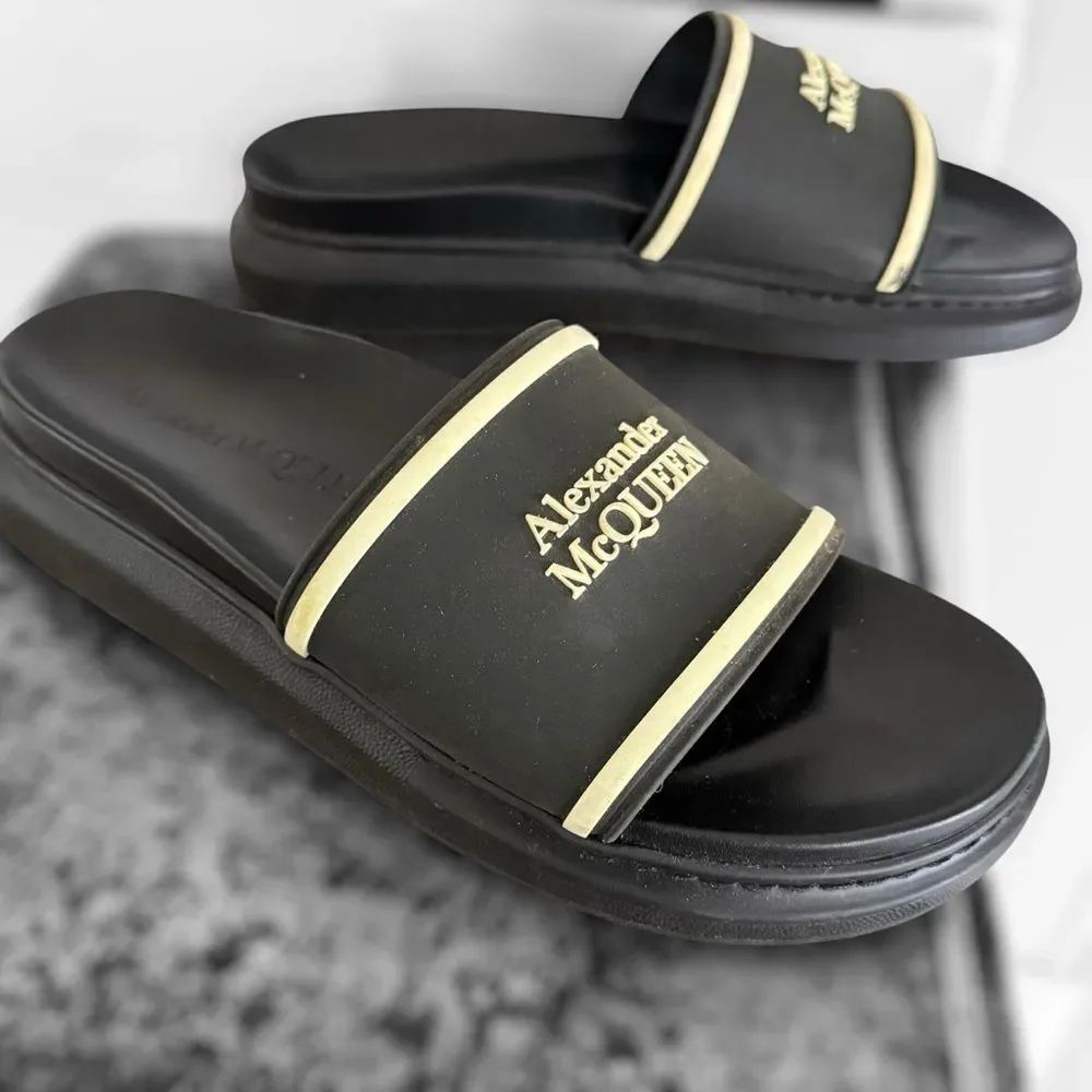 Alexander McQueen Black and Gold Slide Sandals